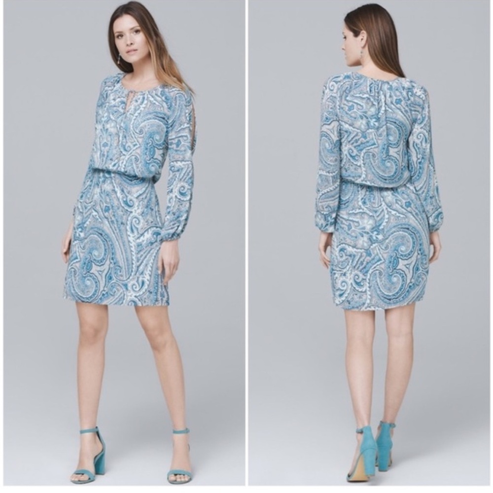 WHBM blue/gray/white split sleeve paisley dress